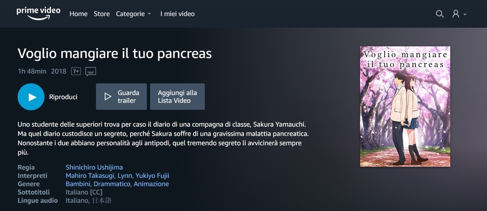 Voglio mangiare il tuo Pancreas su Amazon Prime Video